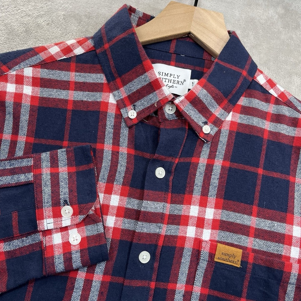 Simply Southern Shirt Mens M Red Blue Plaid Button‎ Up Long Sleeve Flannel